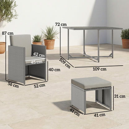 Outsunny 9 Piece Rattan Cube Garden Furniture Dining Set with Armchairs, Footstools and Glass-Top Table, Light Grey