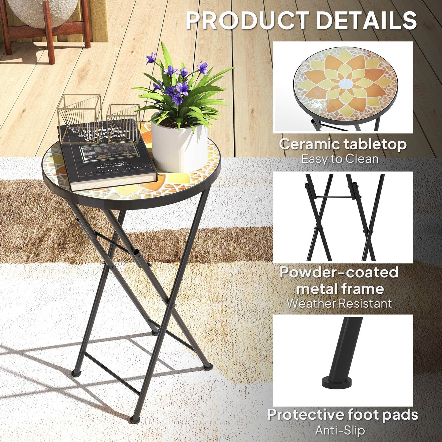 Outsunny Mosaic Outdoor Garden Table, 35.5cm Round Folding Coffee Table with Metal Frame for Balcony Terrace, Yellow