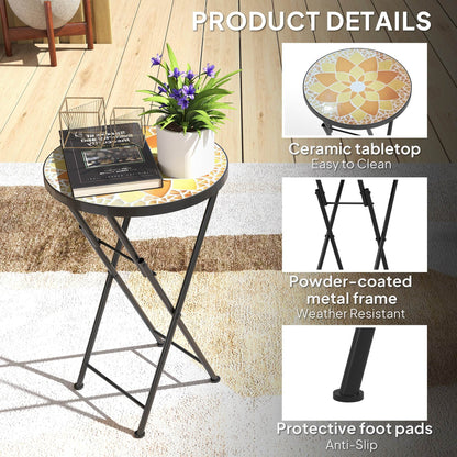 Outsunny Mosaic Outdoor Garden Table, 35.5cm Round Folding Coffee Table with Metal Frame for Balcony Terrace, Yellow