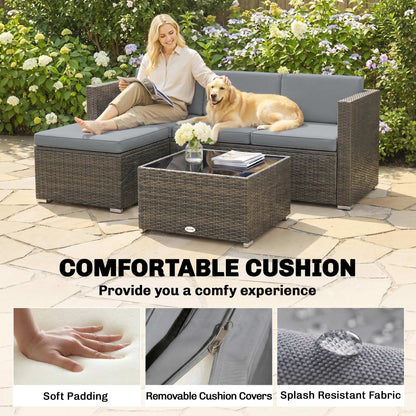 Outsunny 3 Pieces Garden Furniture Set w/ Cushions, PE Rattan Wicker Conversation Corner Sofa Set, Light Grey
