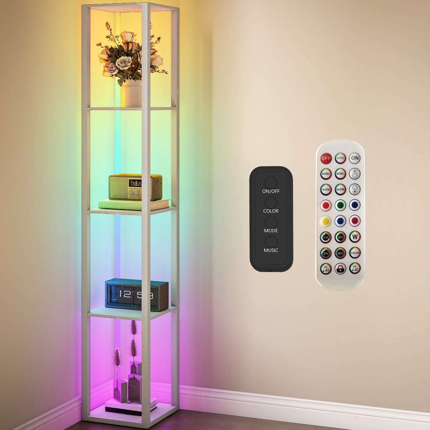 HOMCOM RGB LED Floor Lamp with Shelves, Modern Dimmable Standing Lamp with Remote Control, Adjustable Brightness & Speed for Living Room, Bedroom, Office, Oak