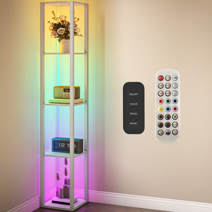 HOMCOM RGB LED Floor Lamp with Shelves, Modern Dimmable Standing Lamp with Remote Control, Adjustable Brightness & Speed for Living Room, Bedroom, Office, Oak