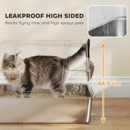 PawHut XL Stainless Steel Litter Box w/ 100° Flip Top, Scoop, Side Top Dual Entry, Odor Free, Easy Cleaning, Anti Leakage