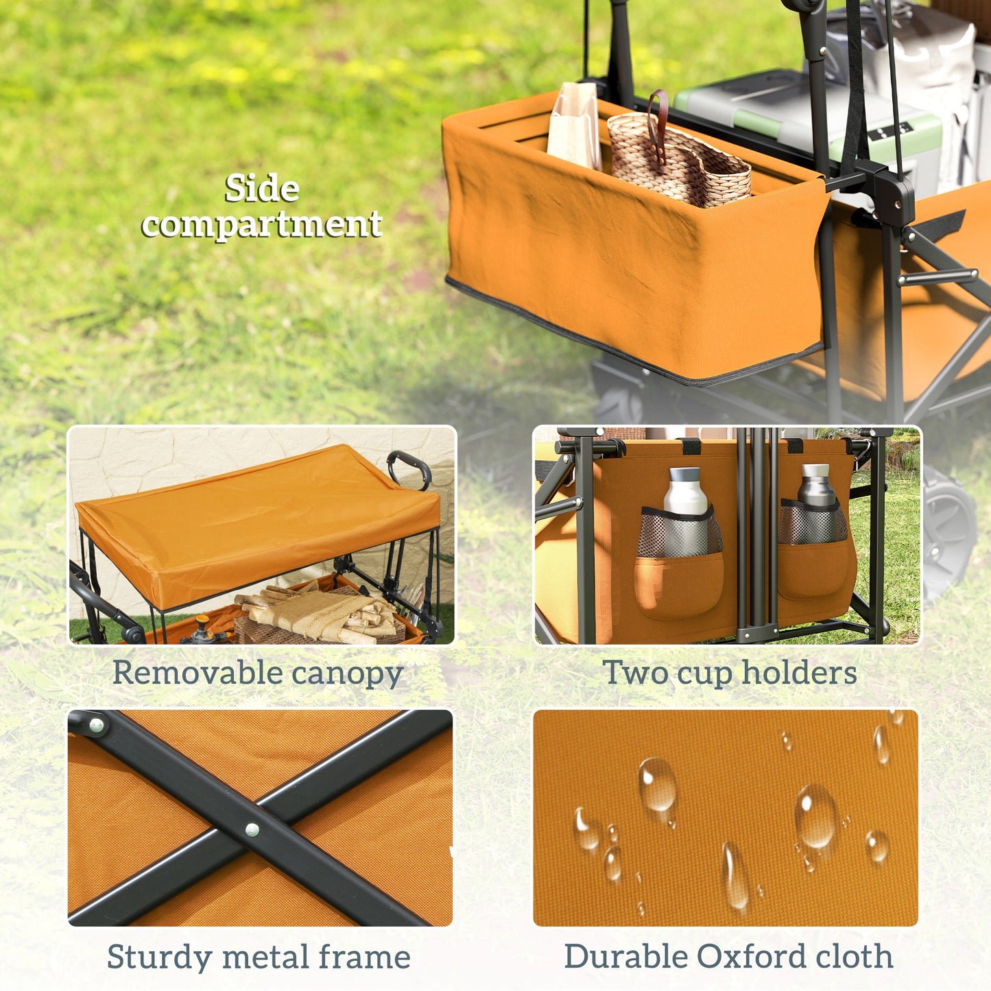 Outsunny 120L Festival Trolley on Wheels, Folding Camping Trolley Cart with Removable Canopy, All-Terrain Wheels, Adjustable Handle, Push or Pull for Garden Beach Fishing Shopping, Orange