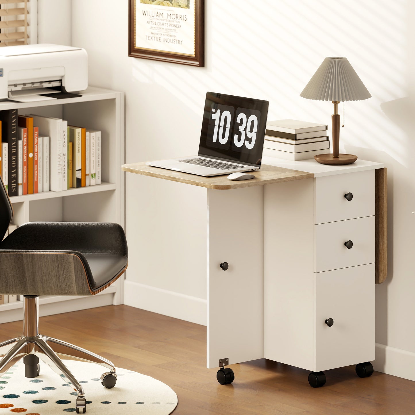 HOMCOM Multi-Storage Six-Person Drop Leaf Dining Table -  Oak and White