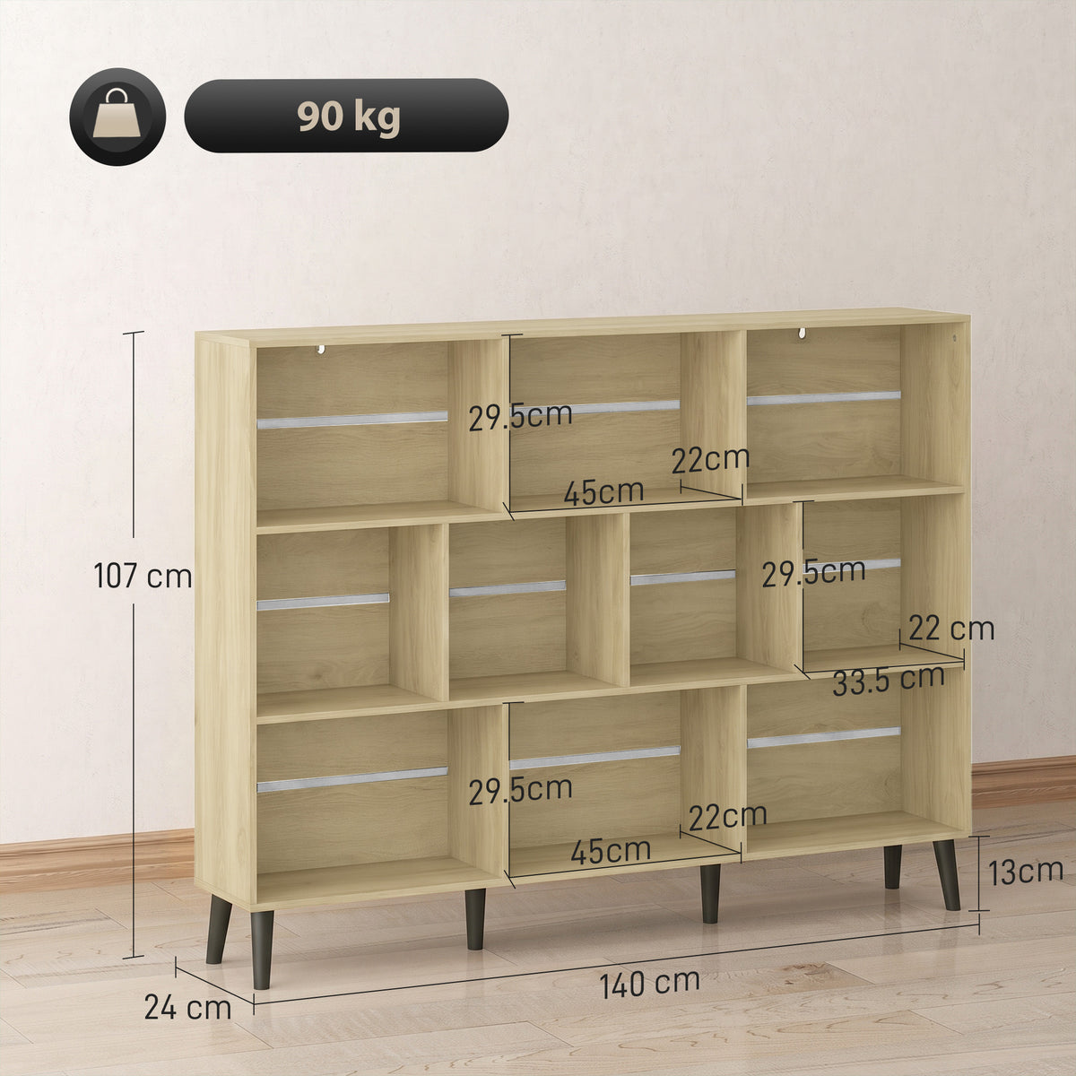 HOMCOM 10-Cube Bookcase, 3-Tier Book Shelf with Solid Wood Legs, 140 cm Modern Bookshelf with Anti-Tip Kit, Oak