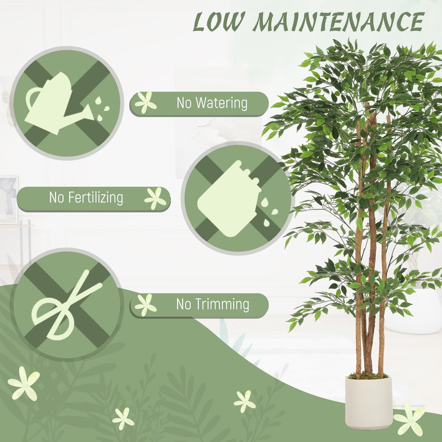 HOMCOM 180cm Artificial Ficus Tree, Fake Potted Tree with Solid Wood Trunk and Pot for Indoor, Green