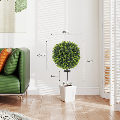 HOMCOM Set of 2 40 cm Artificial Boxwood Topiary Ball Bush with Integrated Ground Stake, Indoor Outdoor UV Resistant Faux Greenery, Faux Plants for Garden, Porch, Balcony