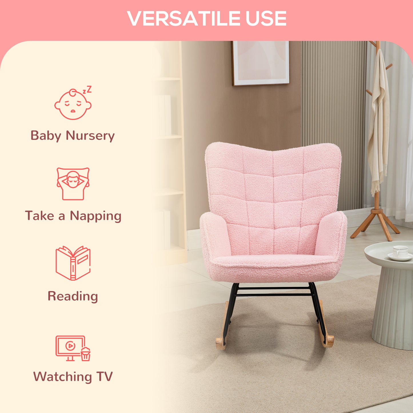 HOMCOM Soft Fleecey Rocking Wingback Chair - Pink