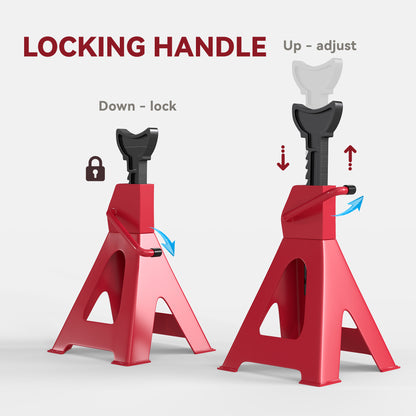HOMCOM Axle Stands 6 Ton Car Jack Stands Pack of 2, 38.5-60 cm Height Adjustable Support Jack Stand, Heavy Duty Car Lift Tool for Vehicles, Caravans, Workshops, Garages, Red