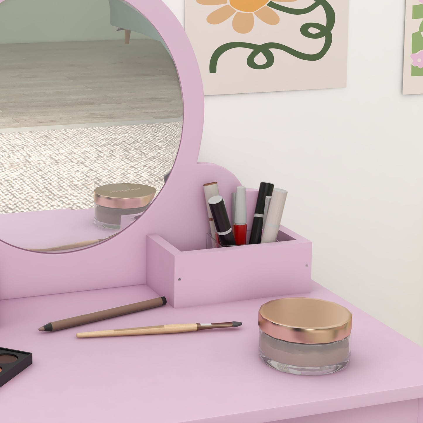 ZONEKIZ Kids Vanity Table with Mirror, Stool, Drawer, Storage Boxes, Cat Design, for Ages 3-6 Years - Pink--ChewyGames-ChewyGames