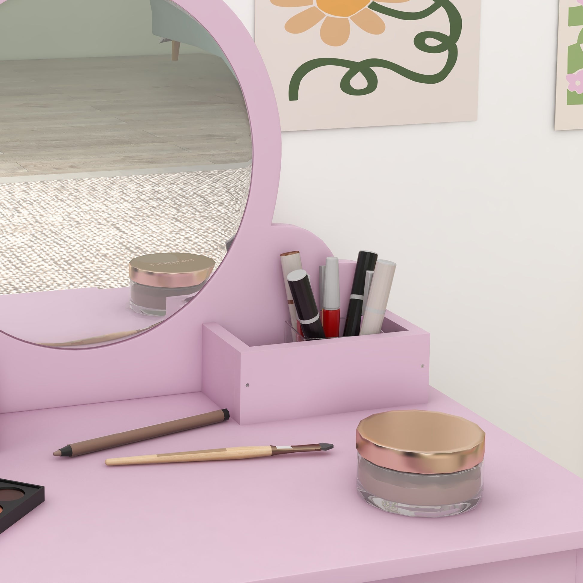 ZONEKIZ Kids Vanity Table with Mirror, Stool, Drawer, Storage Boxes, Cat Design, for Ages 3-6 Years - Pink--ChewyGames-ChewyGames