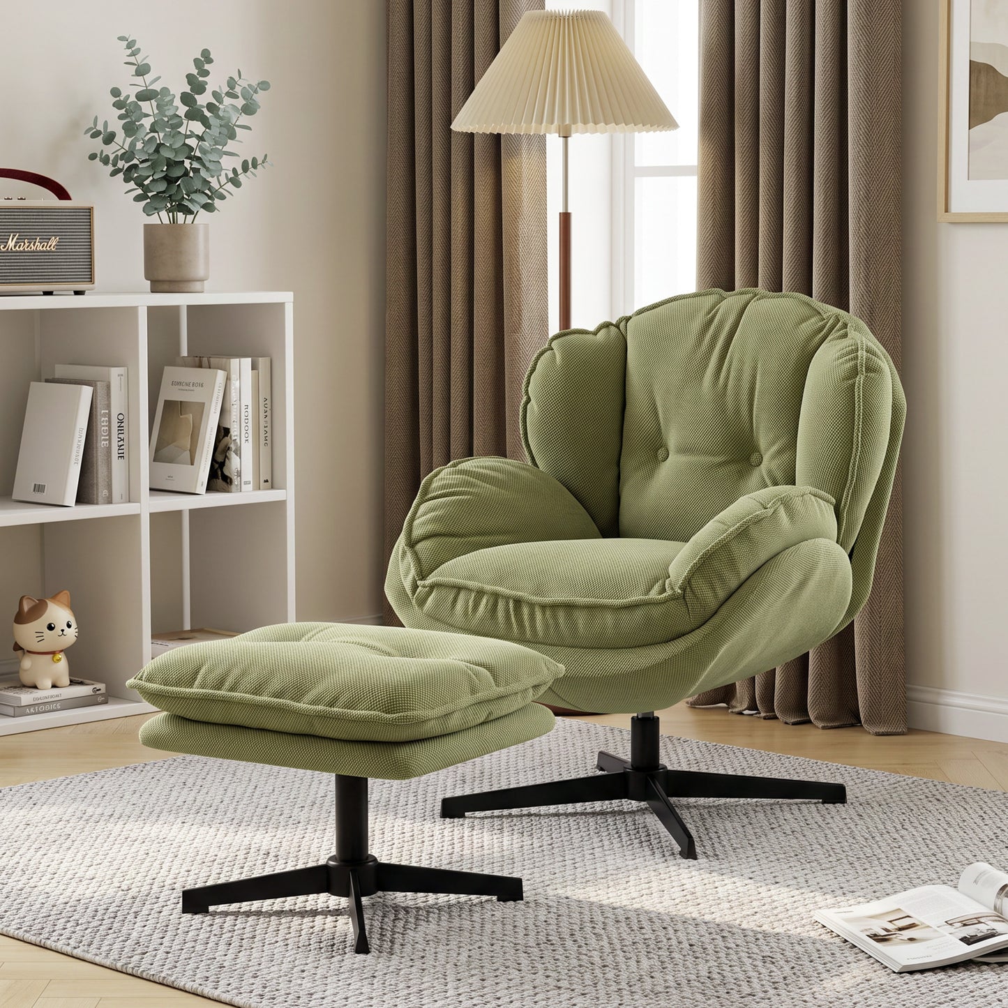 HOMCOM Armchair with Adjustable Footstool, 360° Swivel Chenille Cloud Accent Chair with Thick Cushion, Steel Base, Green