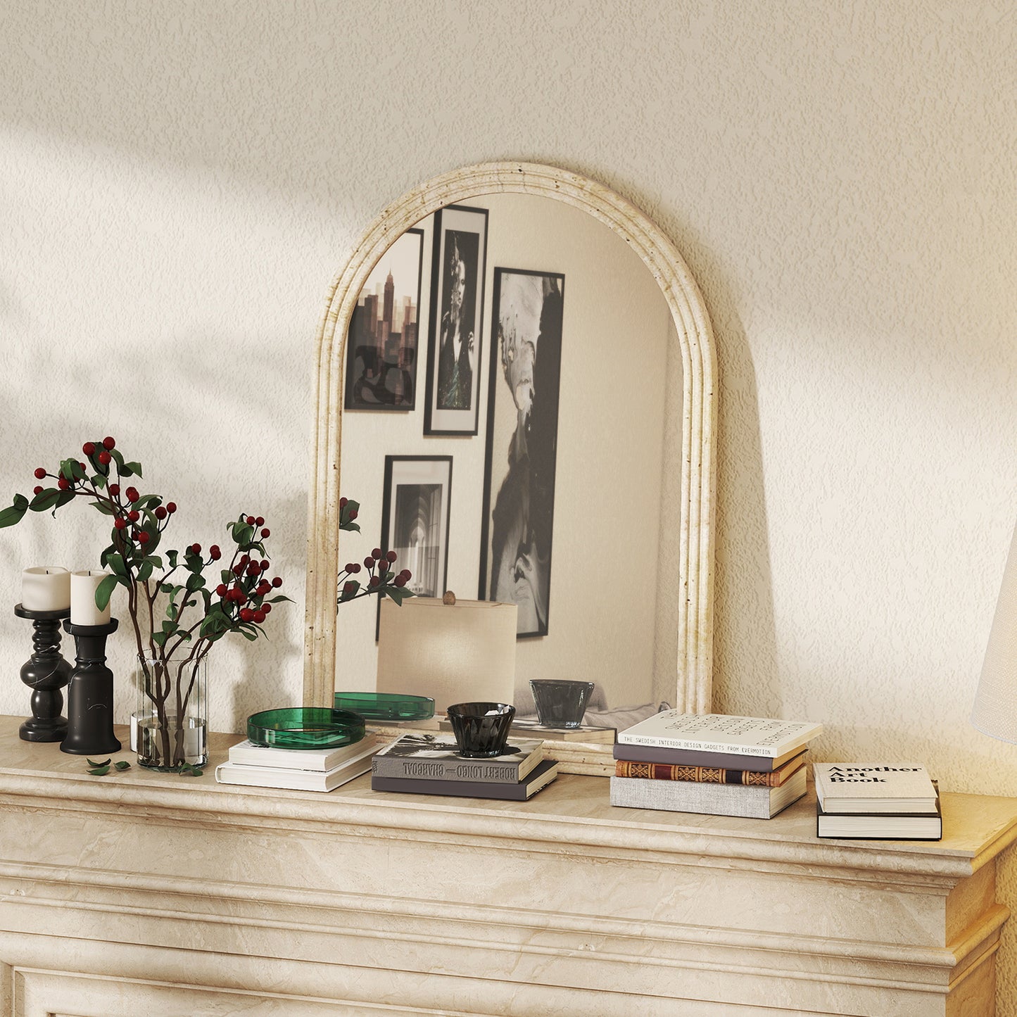 HOMCOM Arched Wall Mirror with Grooved Edge & Hooks, Wall-Mounted Mirror, Modern Tempered Glass & Polystyrene Beige