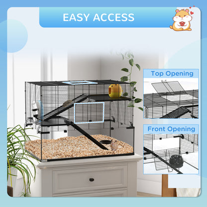 PawHut 3 Tiers Hamster Cage, Gerbil Cage with Deep Glass Bottom, Non-Slip Ramps, Platforms, Hut, Exercise Wheels, Water Bottle, Dish, for Syrian Hamster, Dwarf Hamster, 76.5 x 48.5 x 54.5cm