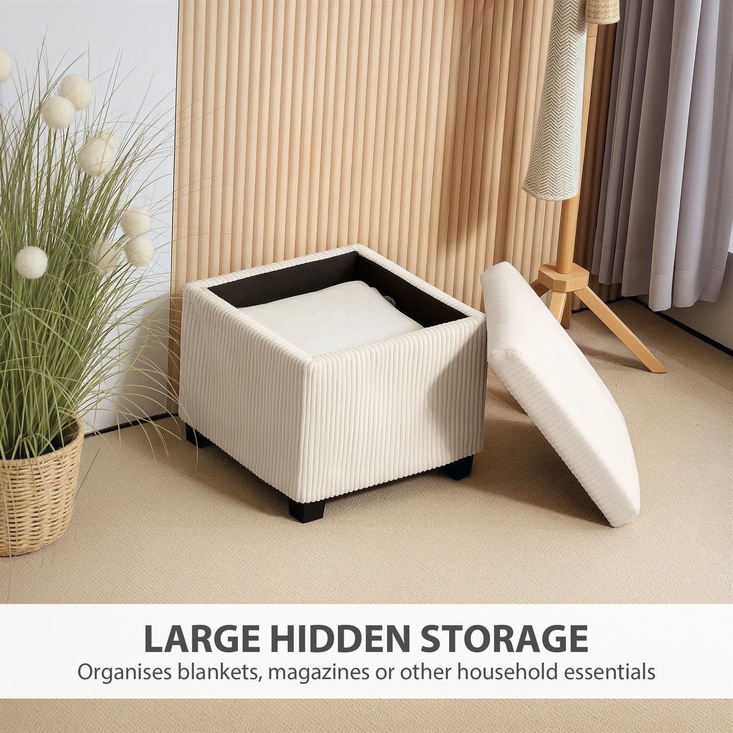 HOMCOM Storage Ottoman Bench, Corduroy Storage Chest Box with Wooden Legs, 40cm Bed End Bench for Living Room, Bedroom, Entryway, Beige