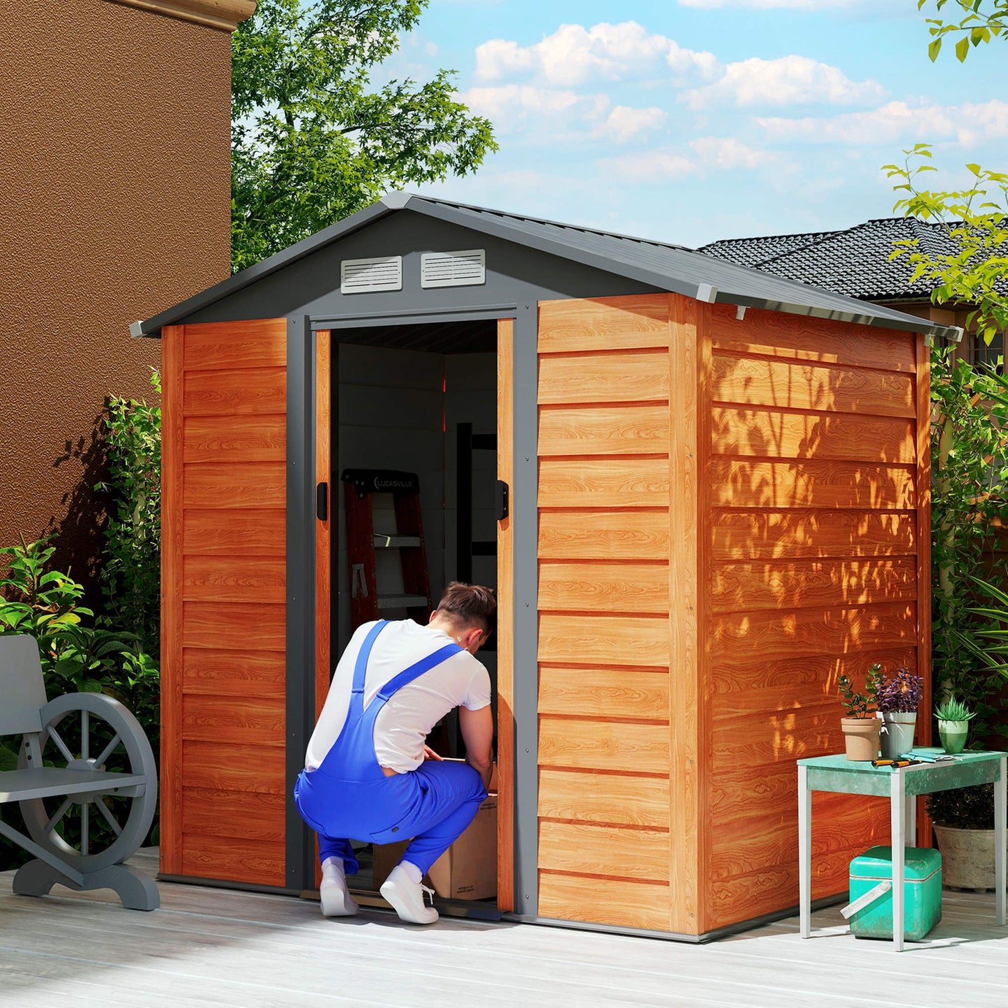 Outsunny 6.5 x 5ft Metal Garden Shed, House Hut Gardening Tool Storage with Ventilations, Sliding Door, Sloped Roof for Garden, Patio, Brown--ChewyGames-ChewyGames