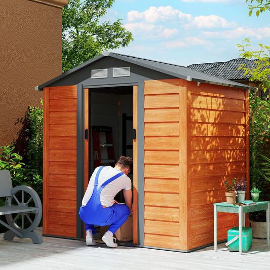 Outsunny 6.5 x 5ft Metal Garden Shed, House Hut Gardening Tool Storage with Ventilations, Sliding Door, Sloped Roof for Garden, Patio, Brown--ChewyGames-ChewyGames