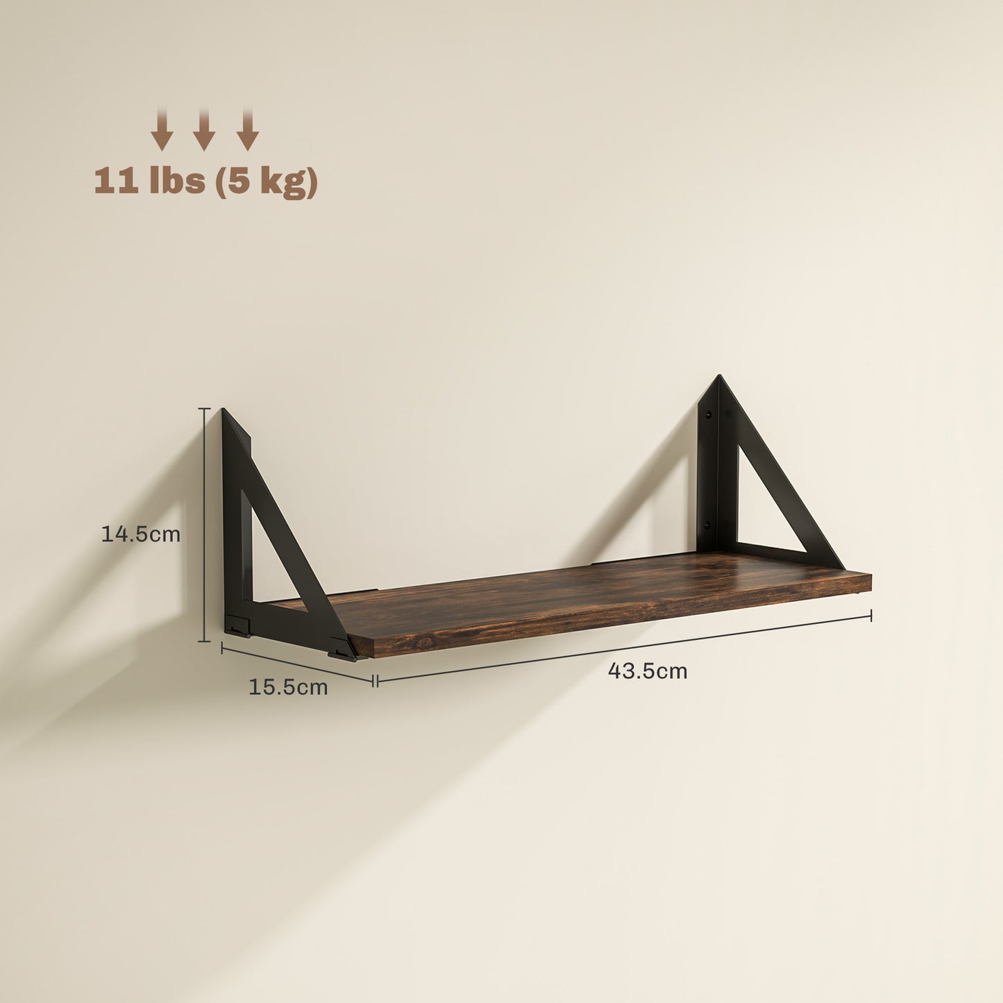HOMCOM Set of 3 Wall Shelves, 43cm Vintage Wall Mounted Floating Shelves for Living Room, Entryway, Bedroom, Rustic Brown