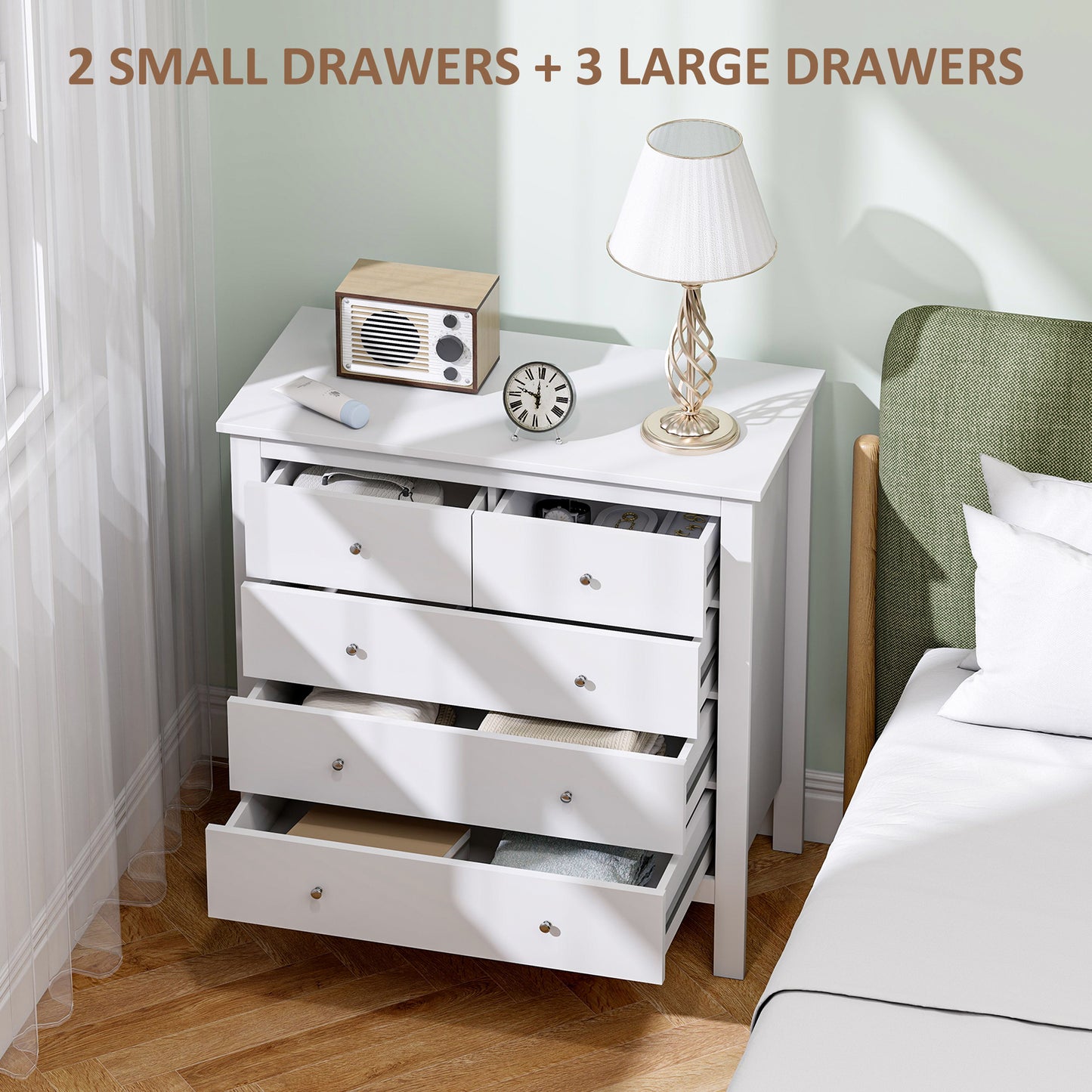 HOMCOM 5 Drawer Dresser for Bedroom, Modern Chest of Drawers, Wide Storage Unit for Living Room, Hallway, Closet, White