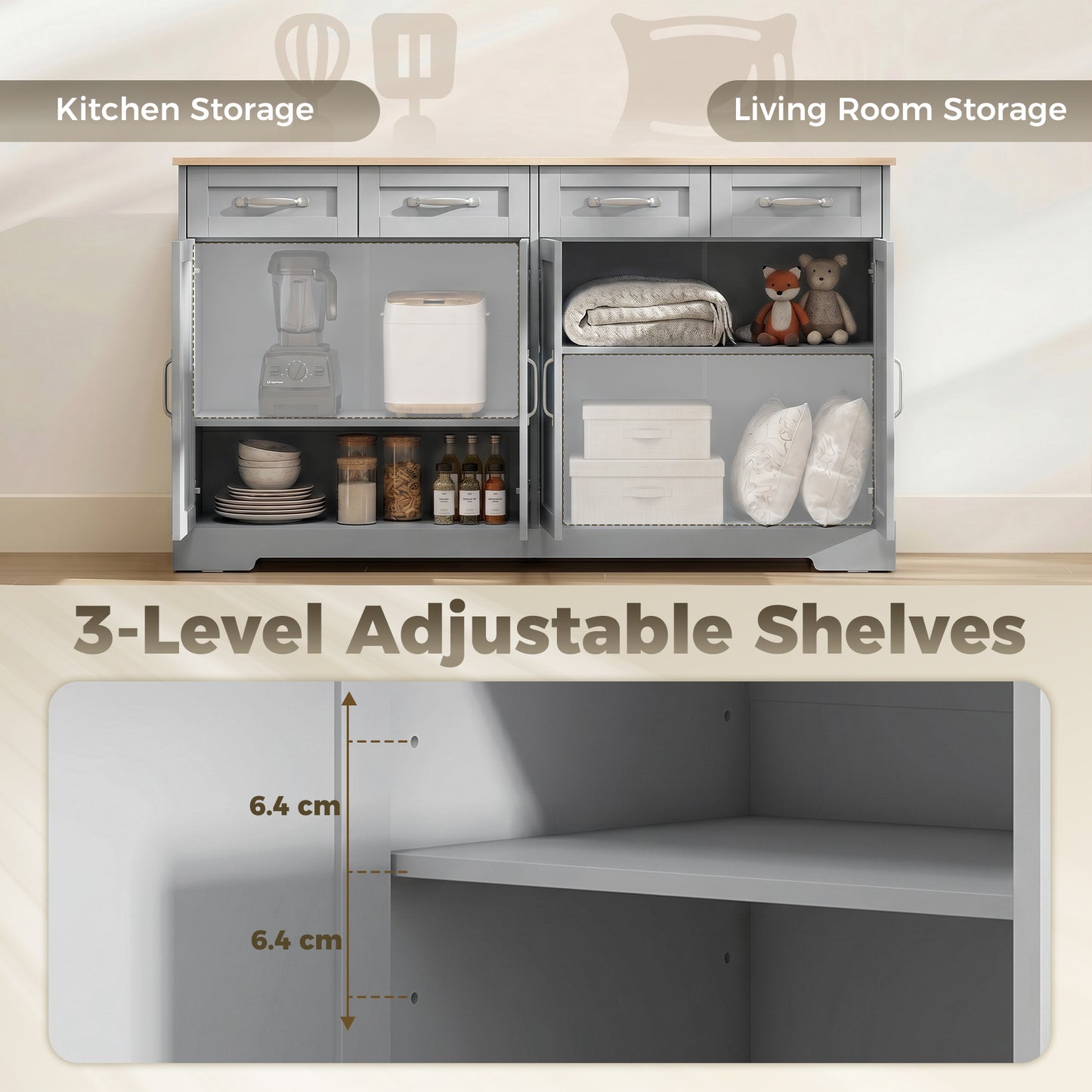 HOMCOM Sideboard Buffet Cabinet, 140 cm Kitchen Storage Cabinet with 4 Drawers, 4 Doors and 2 Adjustable Shelves, Grey