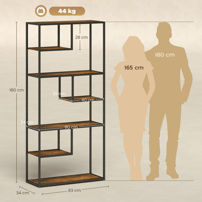 HOMCOM Industrial Bookcase Shelf, 6 Tier Metal Shelving, Storage Shelves for Living Room, Home Office, Bedroom, Rustic Brown