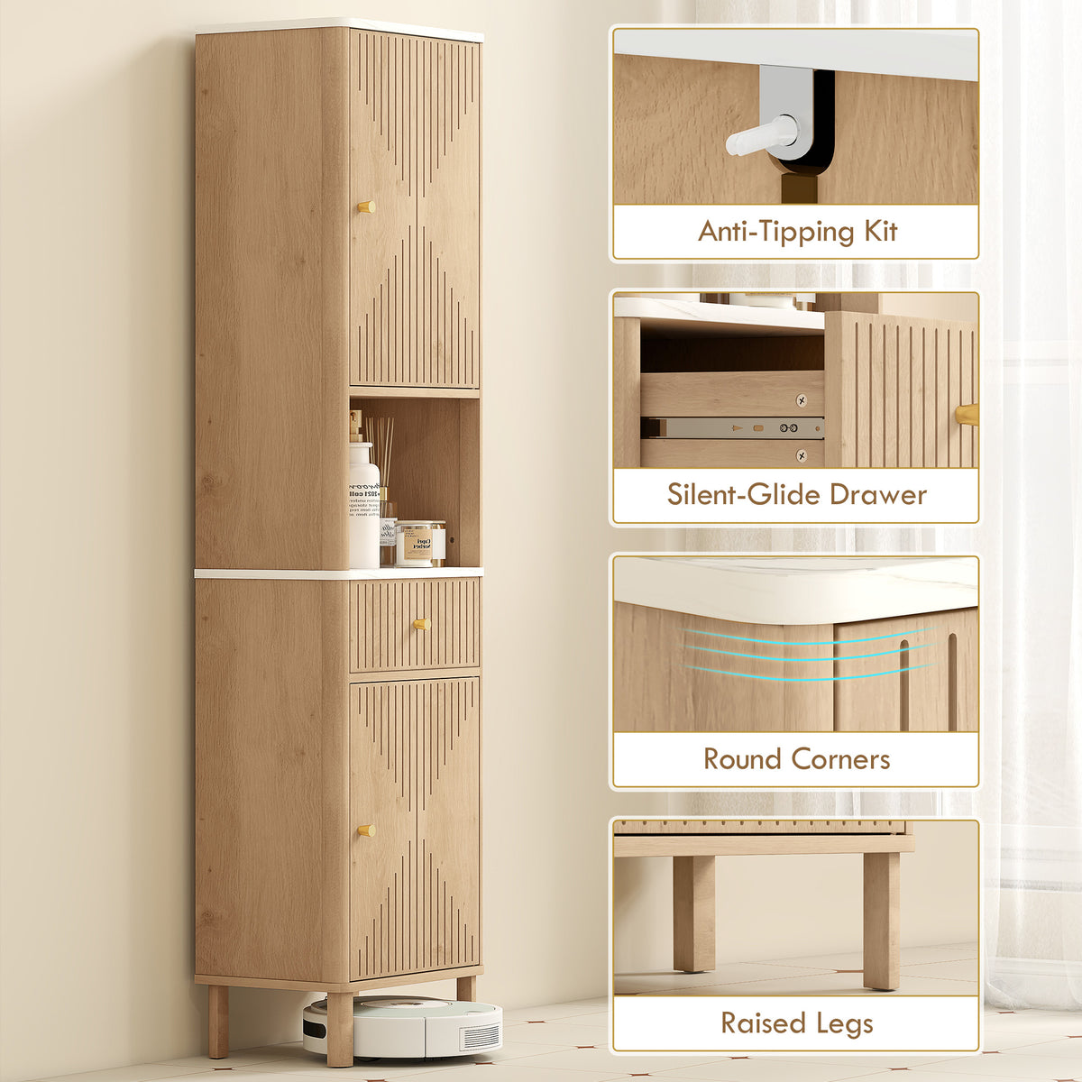 HOMCOM Slim Bathroom Cabinet with Silent Drawer Rail for Scandinavian, Japanese Styles - Wood-Effect-Bathroom Cabinets-ChewyGames-ChewyGames