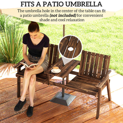 Outsunny 2-Seater Garden Loveseat with Table and Parasol Hole for Porch, Patio, Carbonised Finish