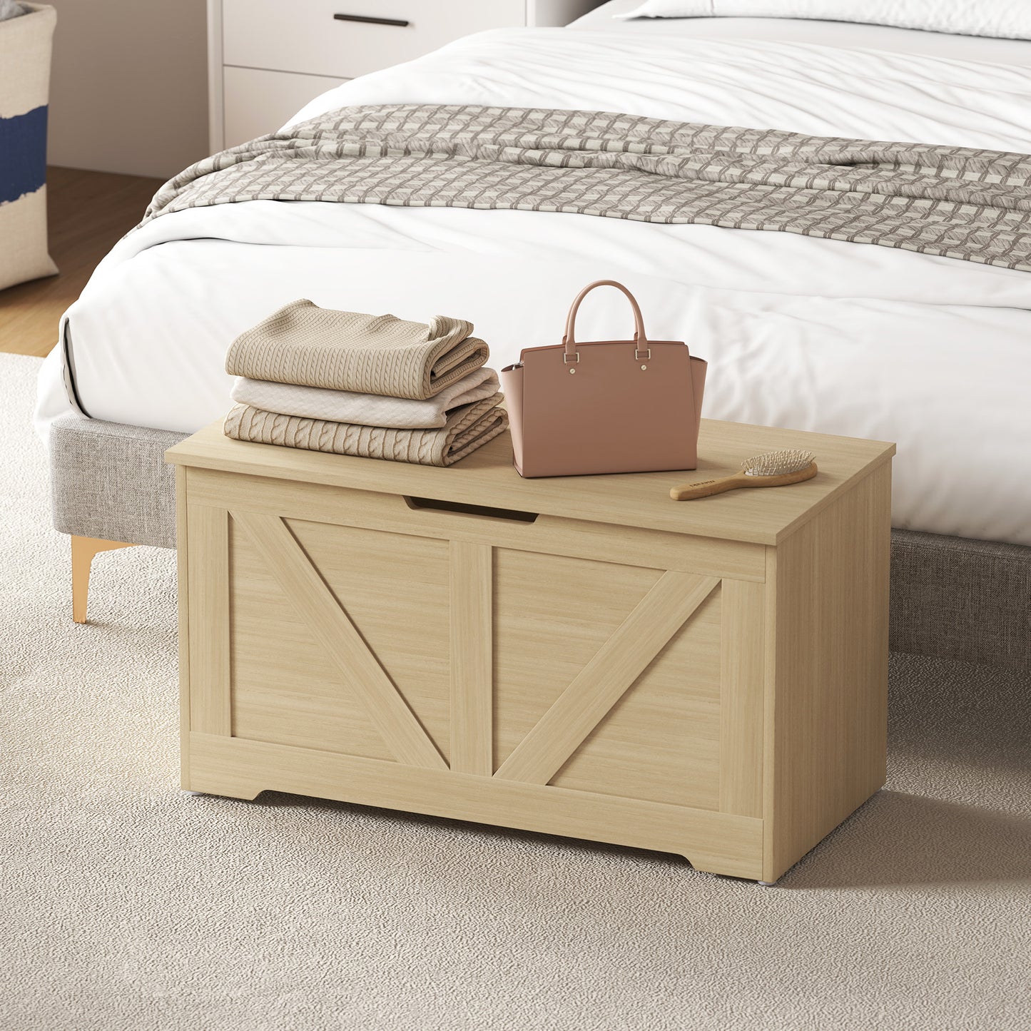 HOMCOM 100L Home Storage Box, with Safety Hinges - Natural Wood Finish--ChewyGames-ChewyGames