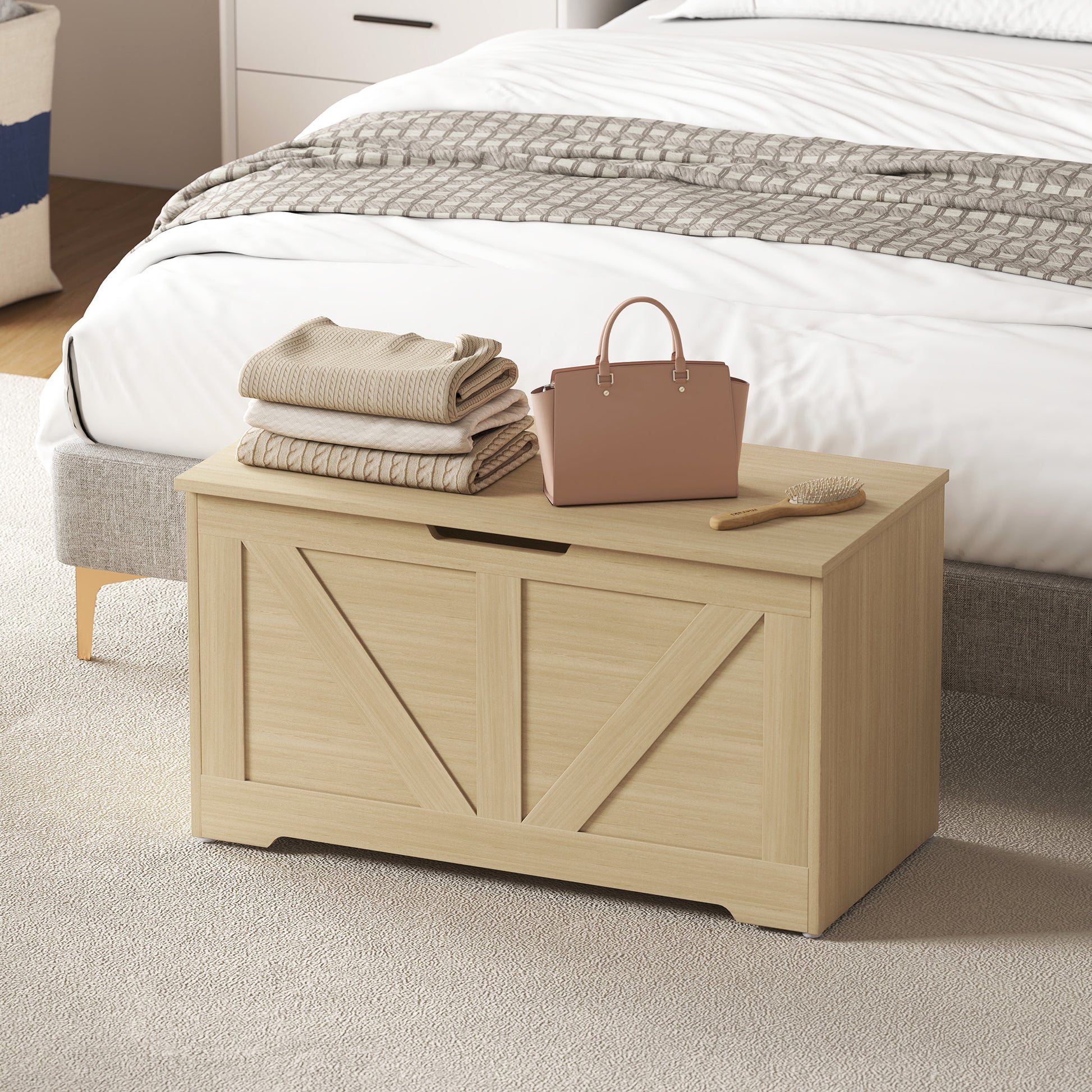 HOMCOM 100L Home Storage Box, with Safety Hinges - Natural Wood Finish--ChewyGames-ChewyGames