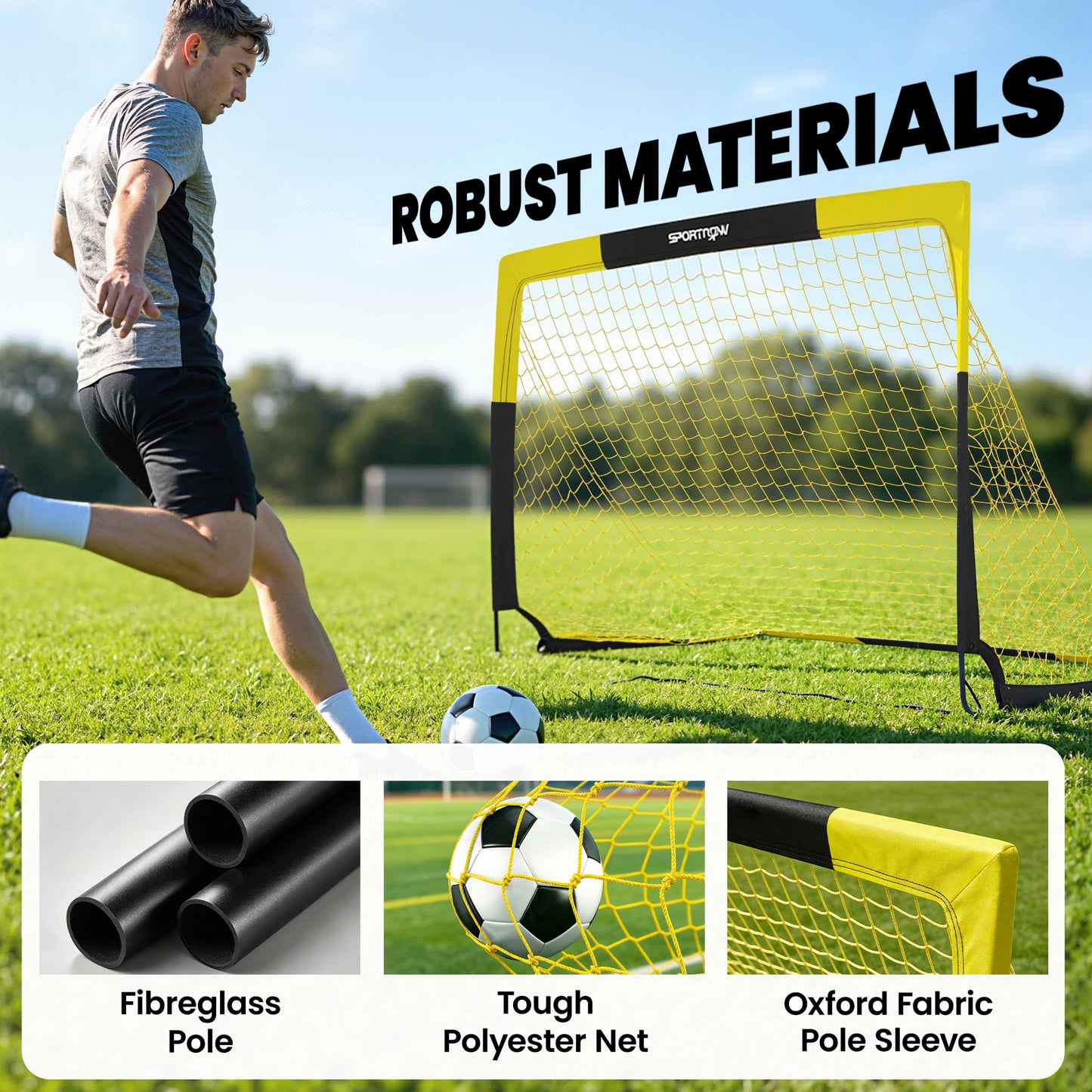 SPORTNOW Pop Up Football Goal, Portable Folding Football Net with Carry Bag, 4 U-Shaped Ground Stakes, Fibreglass Pole