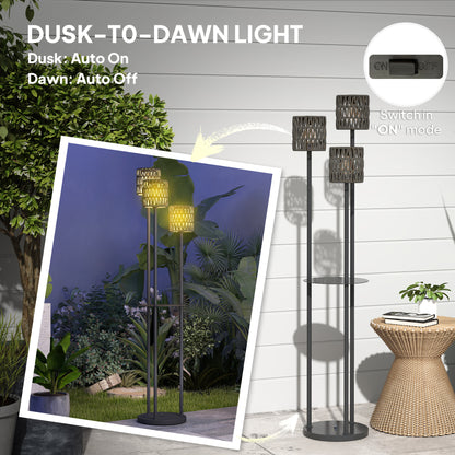 Outsunny Boho Rattan Floor Lamp, 3-Lights Rattan Lamp with Shelf, Freestanding Solar Garden Light with Auto On/Off Lights, Grey