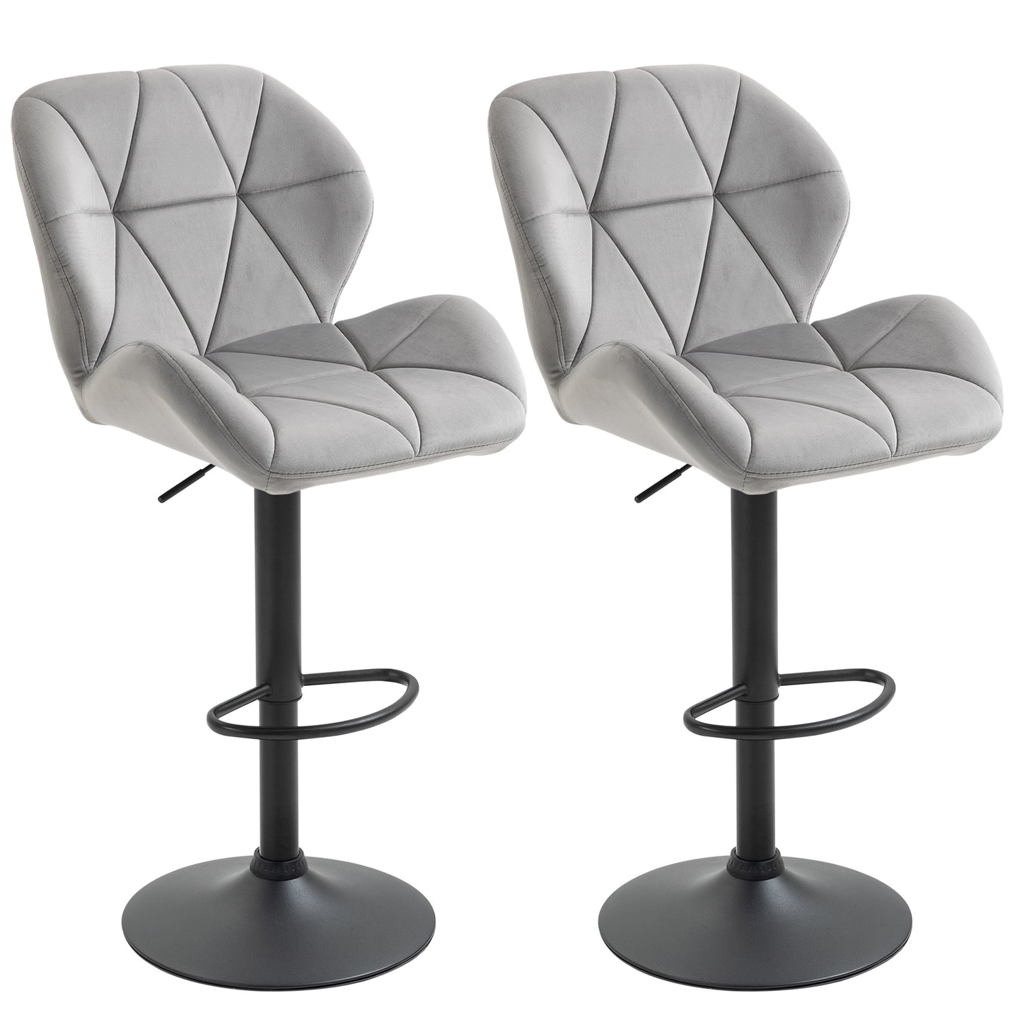 HOMCOM Bar Stools Set Of 2, Luxurious Velvet-Touch Barstools with Metal Frame Footrest Round Base Triangle Indenting Moulded Seat Adjustable Height Swivel Light Grey