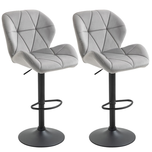 HOMCOM Bar Stools Set Of 2, Luxurious Velvet-Touch Barstools with Metal Frame Footrest Round Base Triangle Indenting Moulded Seat Adjustable Height Swivel Light Grey