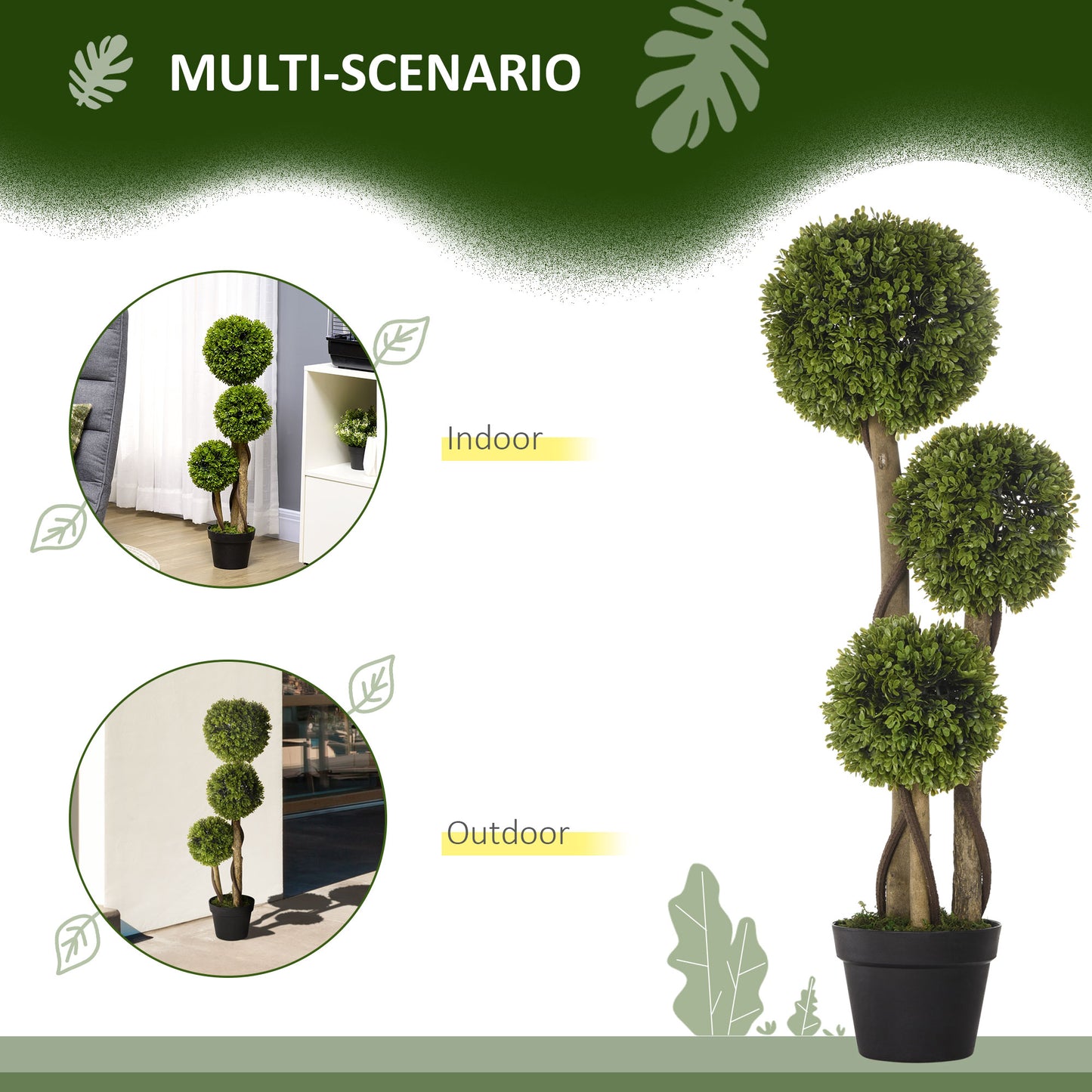 HOMCOM Set of 2 Decorative Artificial Tree Boxwood Ball Topiary Tree in Pot, Fake Plant for Home Indoor Outdoor Decor, 90 cm, Light Green