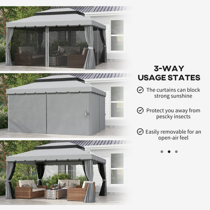 Outsunny 3 x 4m Aluminium Garden Gazebo, Marquee Canopy Shelter Pavilion Party Tent with Nets and Curtains for Garden and Deck, Light Grey
