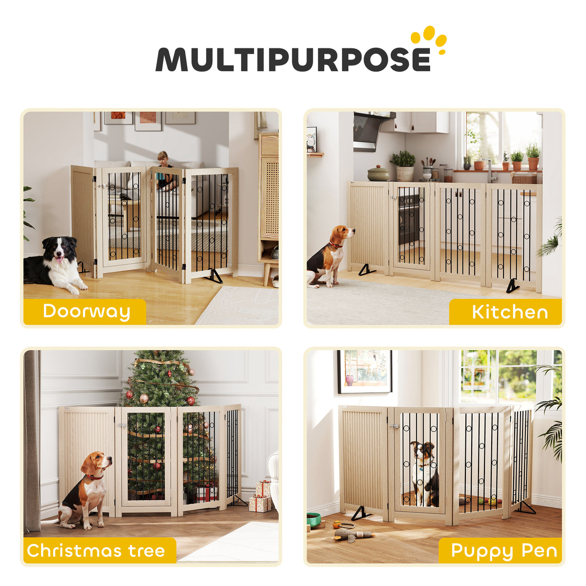 PawHut 4 Panel Freestanding Pet Gate, Indoor Dog Barrier with Lockable Door, Support Feet, 360° Flexible Hinges, Oak
