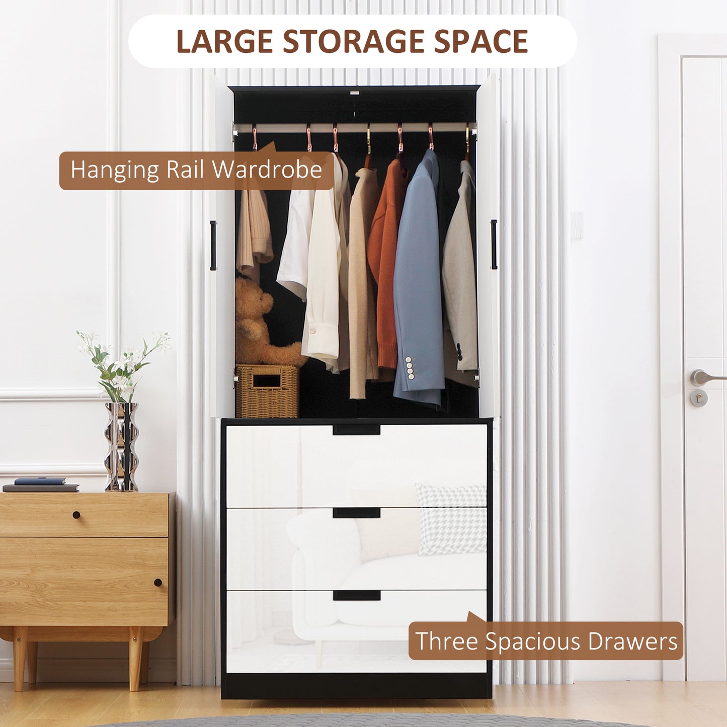 HOMCOM 2 Door Wardrobe, Modern Wardrobe with 3 Drawers and Hanging Rod for Bedroom, High Gloss White