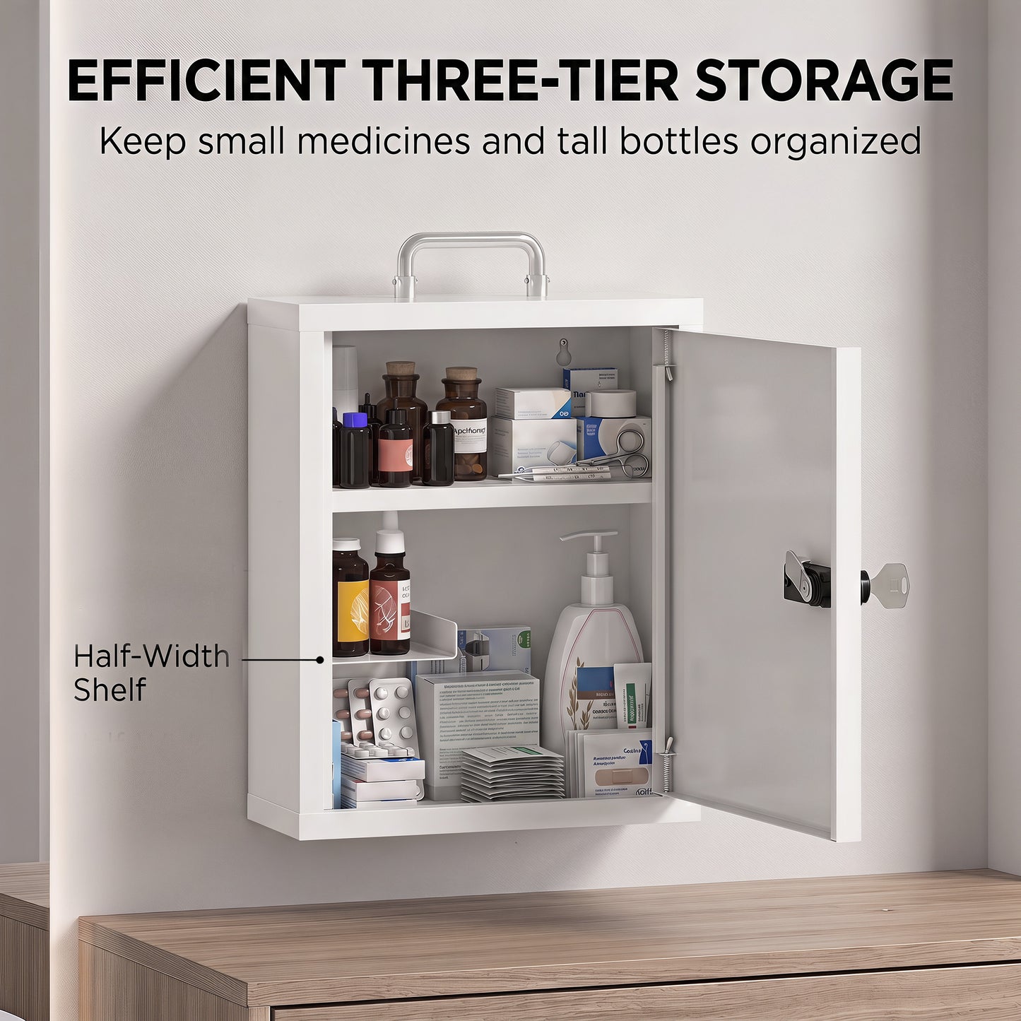 HOMCOM Wall Mount Medicine Cabinet with Combination and Key Lock, 3 Tier Steel First Aid Cabinet, White