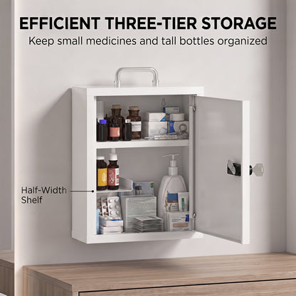 HOMCOM Wall Mount Medicine Cabinet with Combination and Key Lock, 3 Tier Steel First Aid Cabinet, White