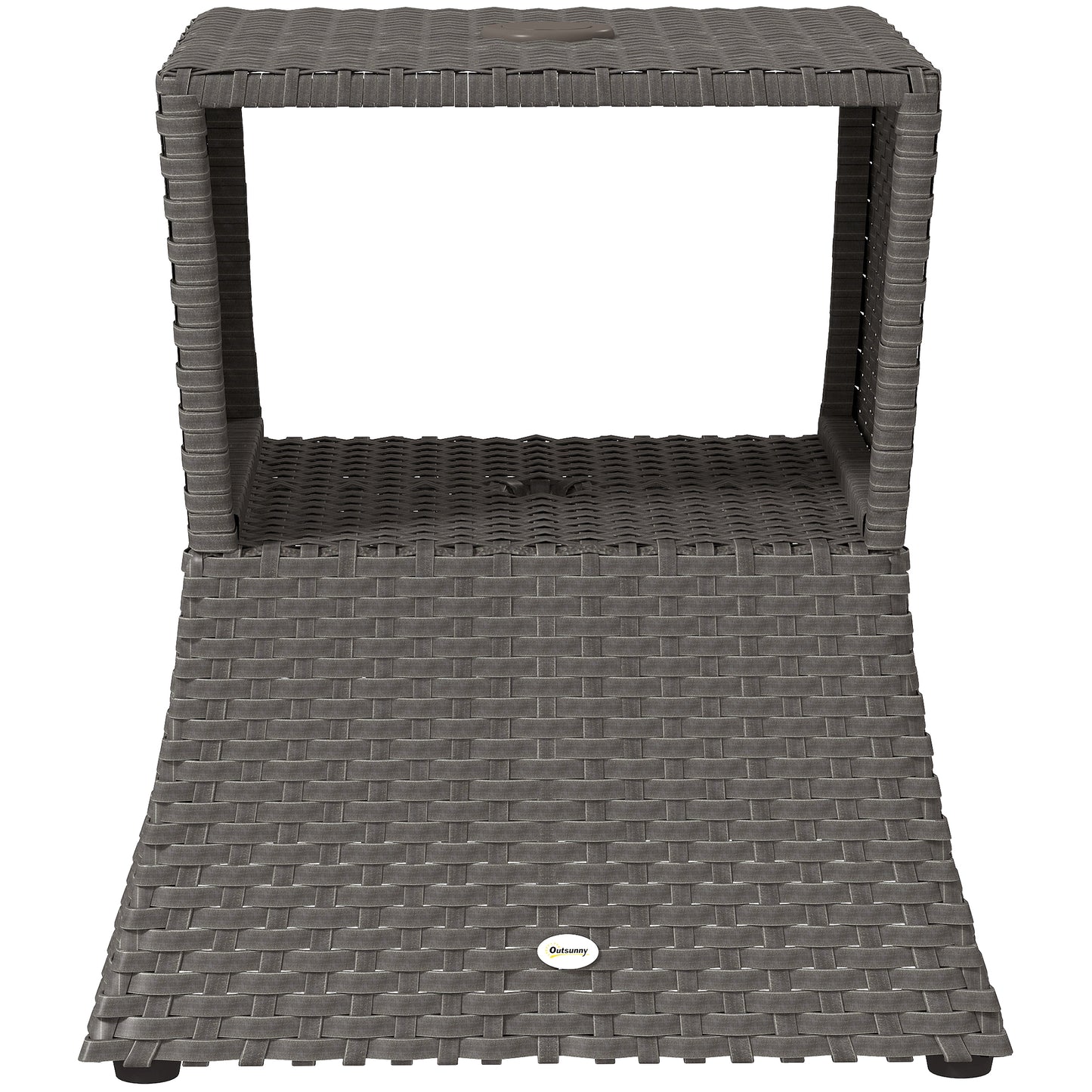 Outsunny Rattan Outdoor Coffee Table, Wicker Garden Patio Bistro Side Table with Umbrella Hole and Storage Space, Dark Grey