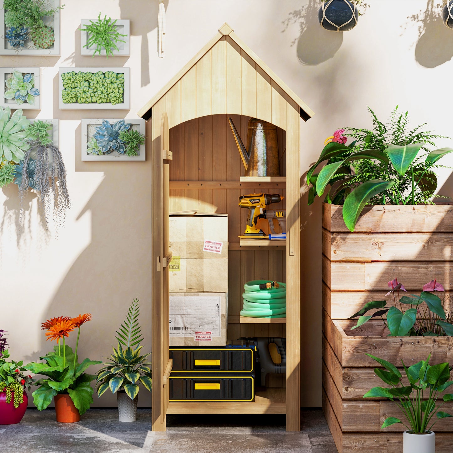 Outsunny Wooden Garden Storage Shed with 3 Shelves, Outdoor Tool Storage Cabinet with Tilt Roof and Lockable Door, 77.5 x 54.2 x 179.5 cm, Natural