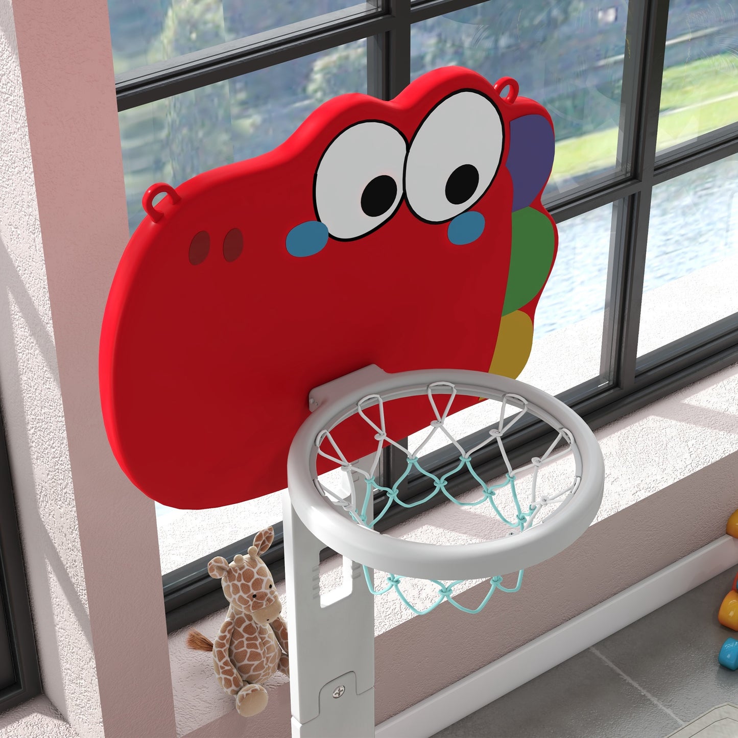 AIYAPLAY 5-in-1 Dinosaur Basketball Set with Adjustable Basketball Stand and Golf Game, Indoor for Boys Girls, Red