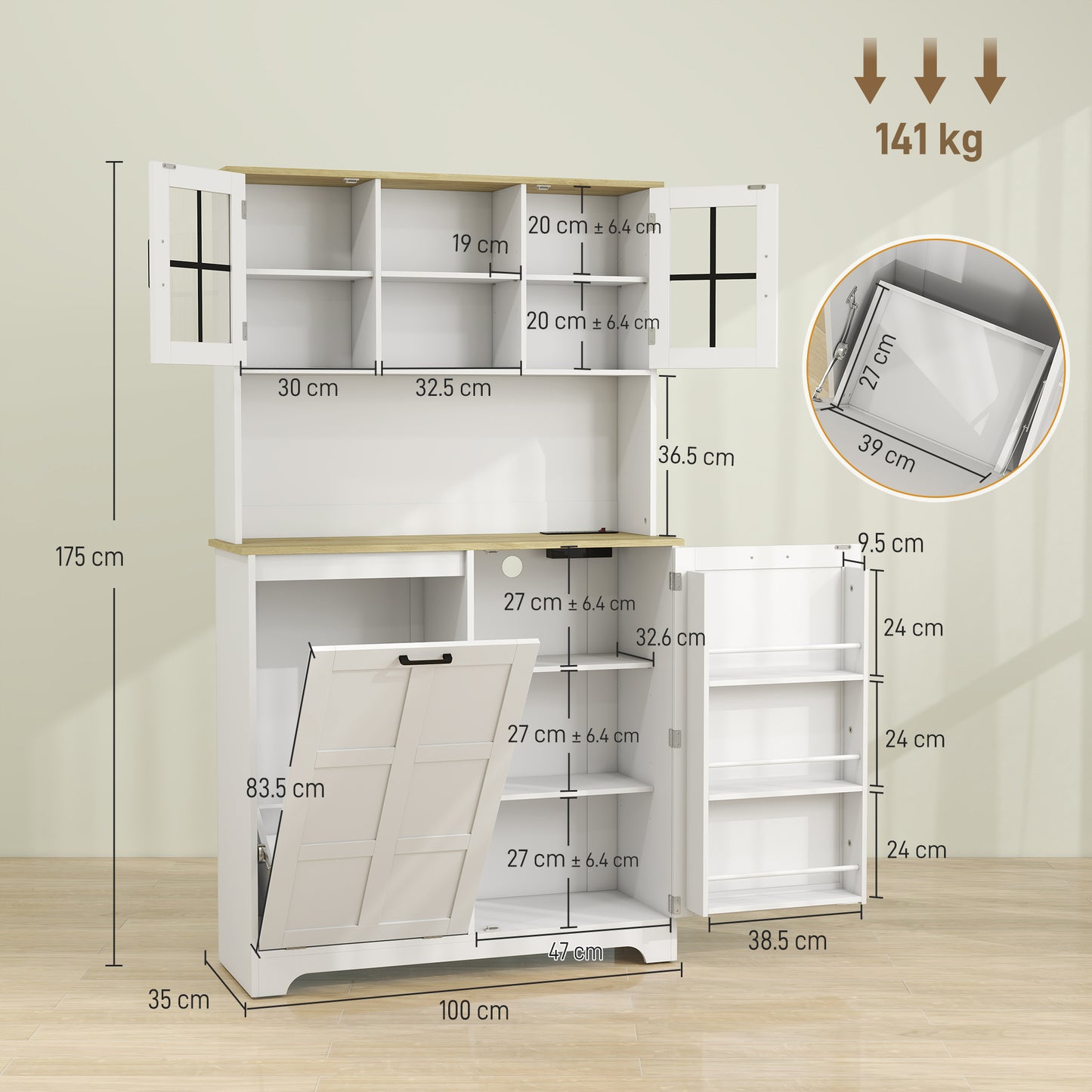 HOMCOM 175cm Tall Kitchen Cabinet, Kitchen Cupboard with Rubbish Bin Cabinet, 3 Door Shelves and 2 Acrylic Doors, White