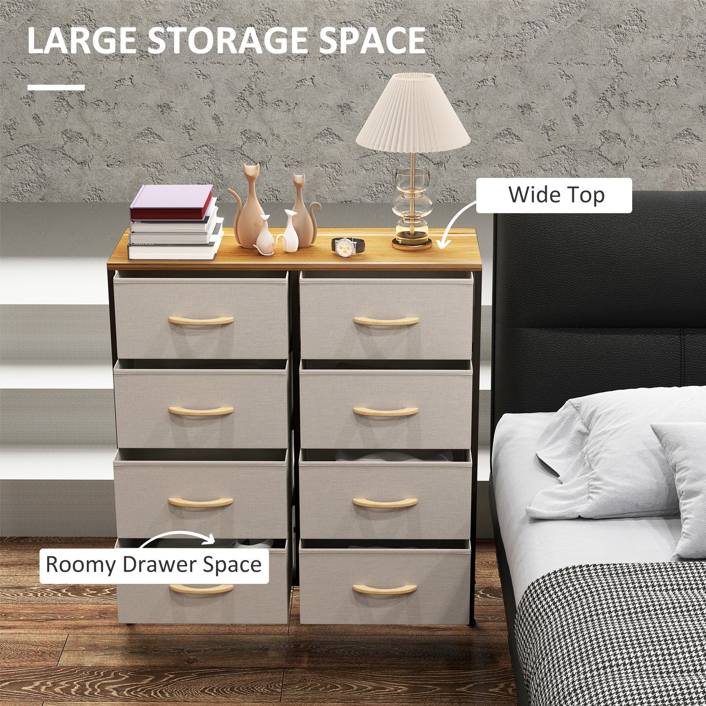 HOMCOM Fabric Chest of Drawers, Industrial Bedroom Dresser with 8 Fabric Drawers, Steel Frame and Wooden Top for Nursery, Living Room, Hallway, Cream White