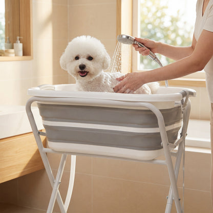 PawHut Dog Bath Tub, Portable Foldable Dog Bathtub with Stand, Drainage Hole, for Small Dogs Puppies Grey
