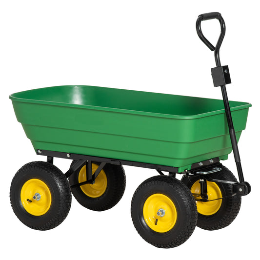 Outsunny 125 Litre Large Garden Cart, Heavy Duty 4 Wheel Trolley Dump Wheelbarrow Tipping Truck Trailer - Green