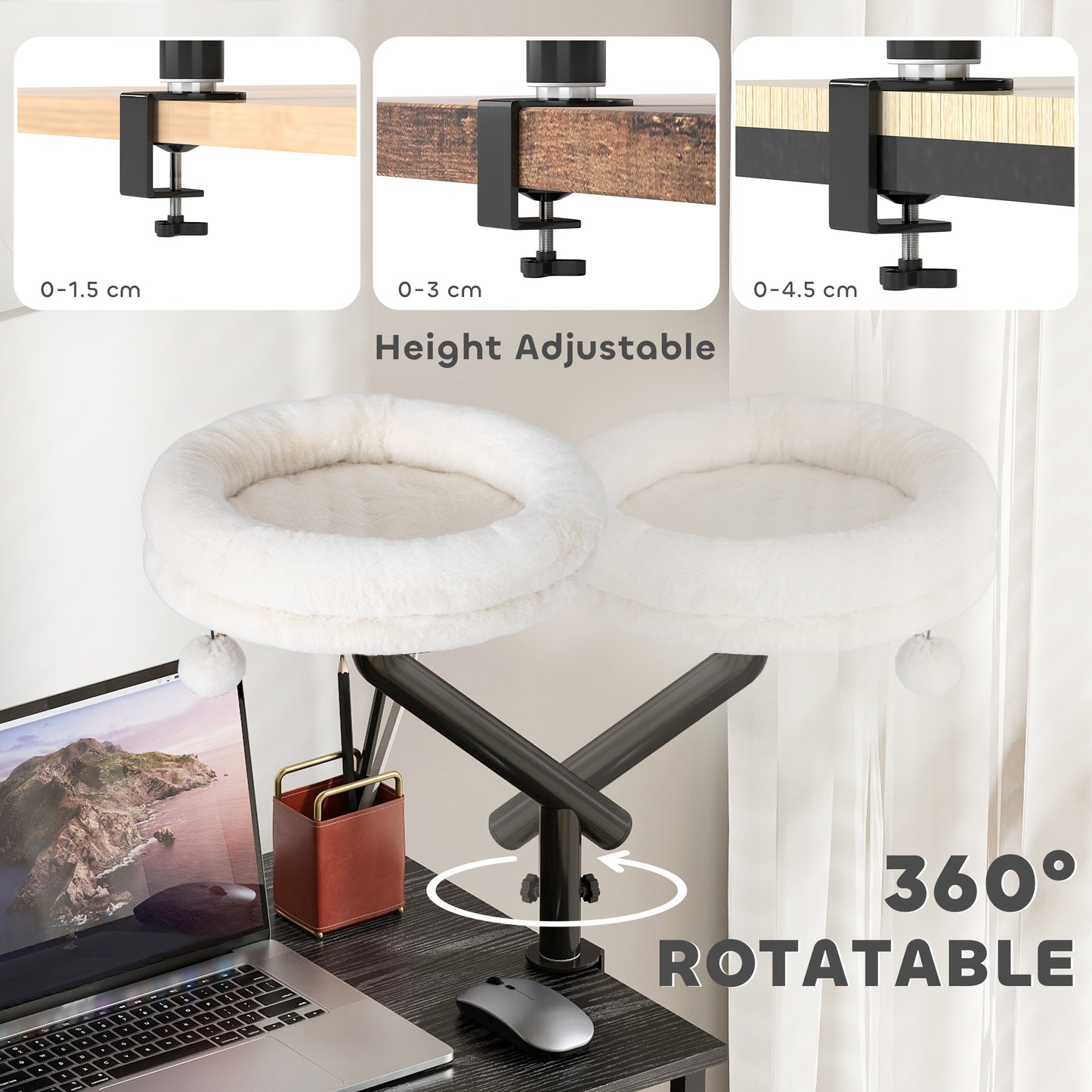 PawHut Cat Desk Bed, Cat Hammock 360° Rotatable Adjustable for Window, Table, Work, Cream White