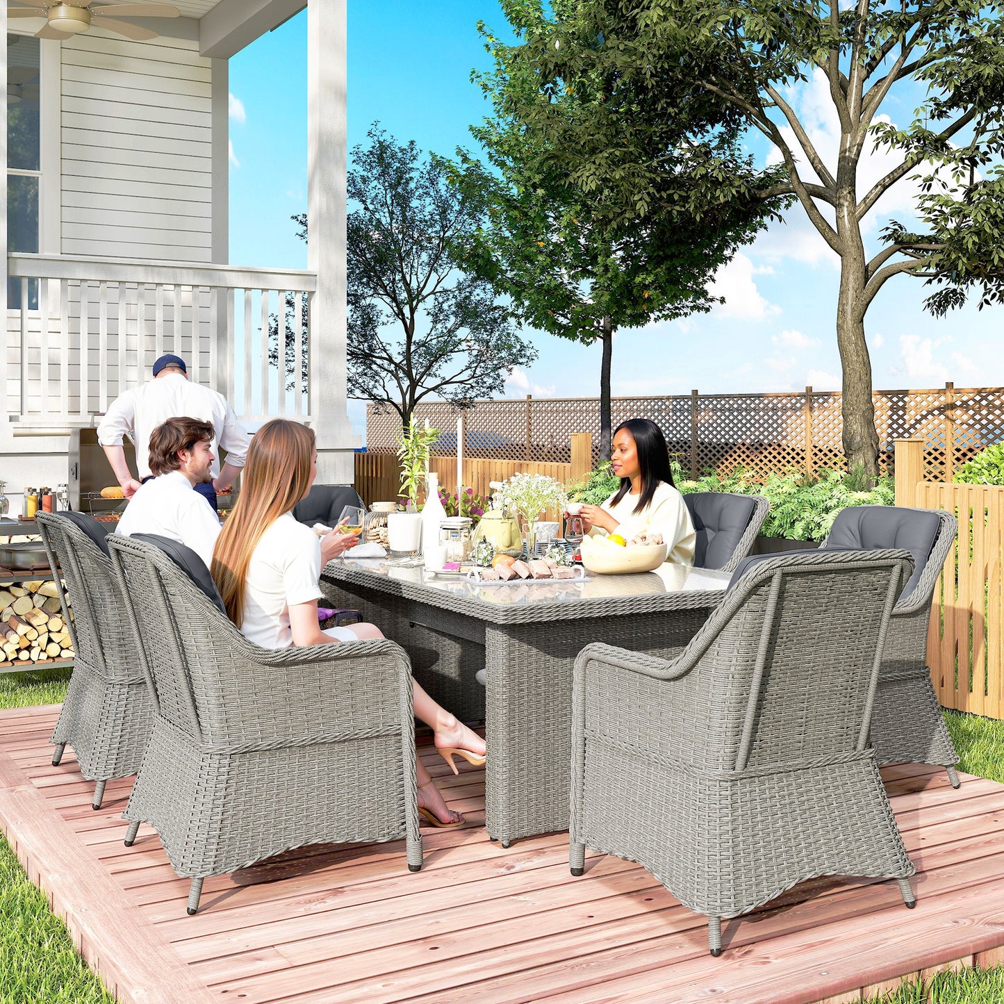 Outsunny Seven-Piece Rattan Dining Set - Mixed Grey