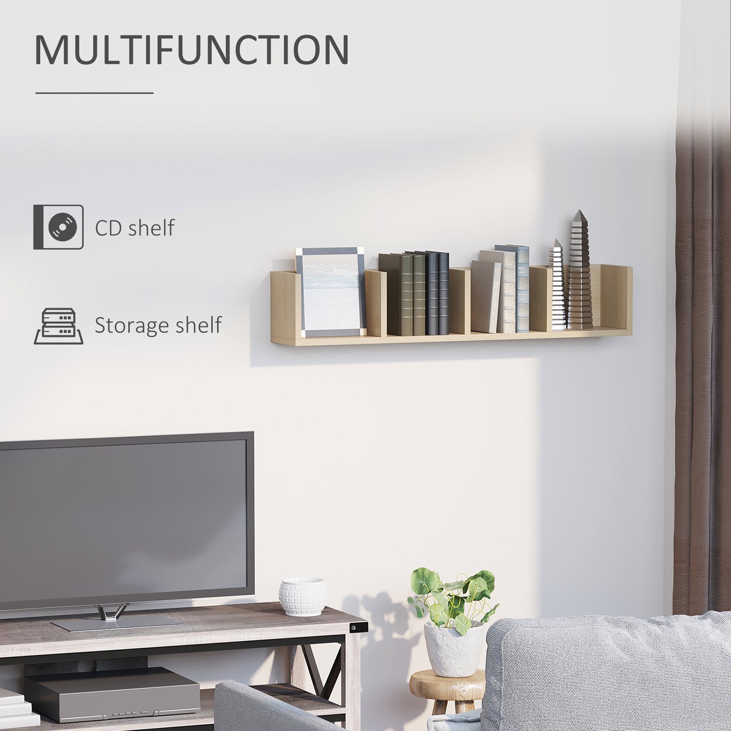 HOMCOM Wall Mount 84 CD / 56 DVD/Blu-ray/ Media Storage Rack 4 Cubes Wooden Shelf Organizer Unit Bookcase Display, Natural